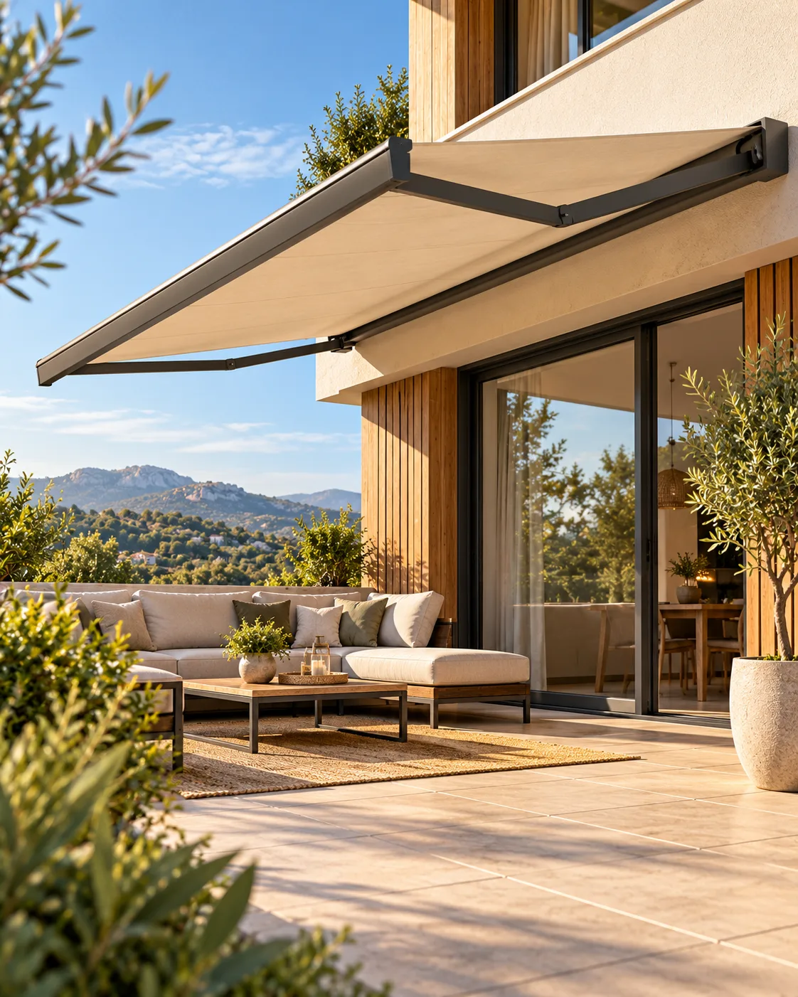 Terraza con toldo retráctil
